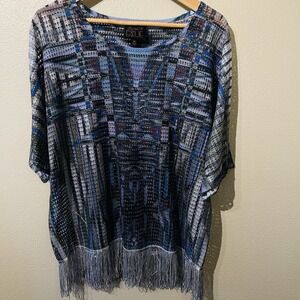 French Blue Mesh Net Top Blue Purple Silver Fringe Boho Artsy Short Sleeve Sz XL